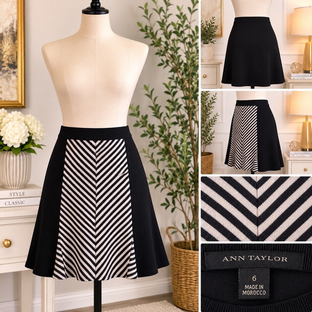 Ann Taylor Black Cream Chevron Striped Flared Mini Skirt Size 6 Workwear